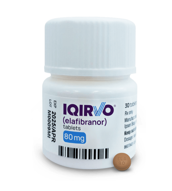IQIRVO (elafibranor) 80-mg tablets medication bottle